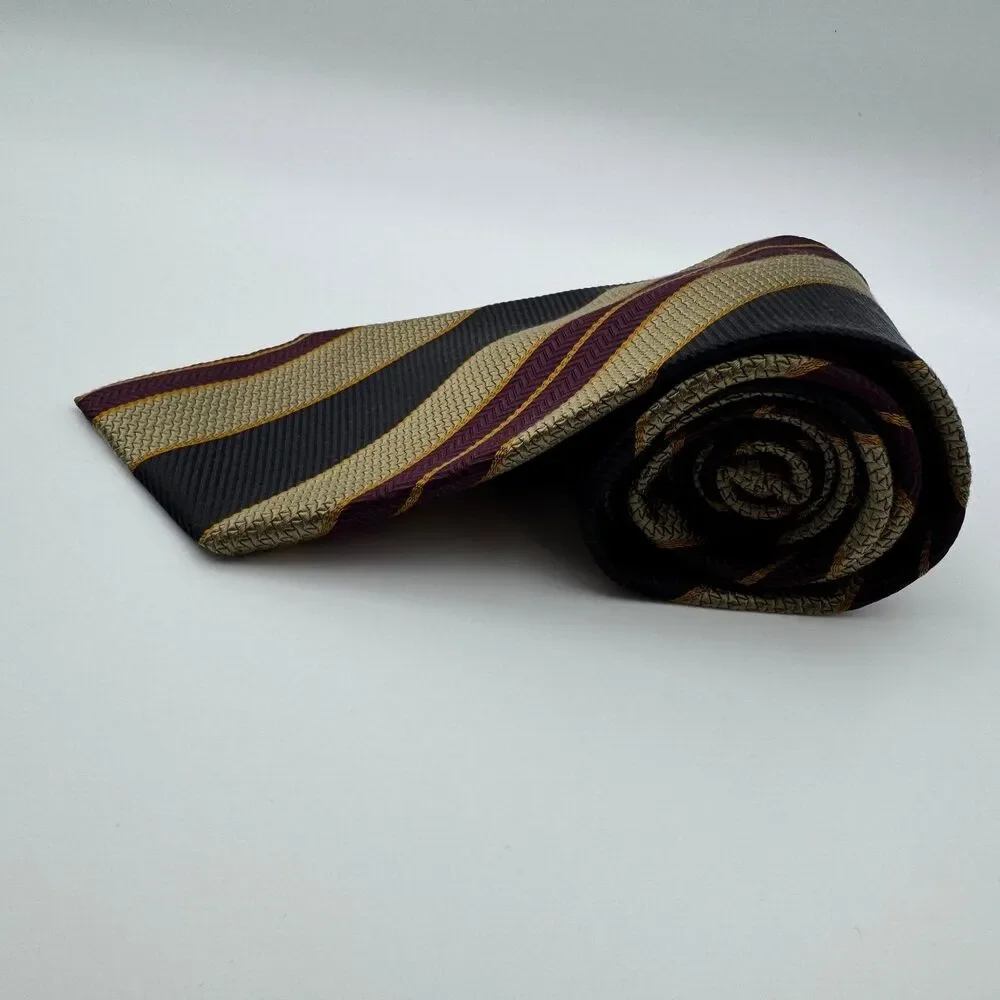 Jos. A. Bank Men's Tie Black Tan Burgundy Striped Silk Classic Prep 90s Y2K